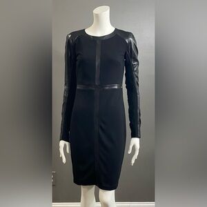 June Long Sleeve Black dress w/Distinctive genuine leather trim detailing Size S